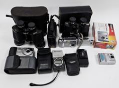 Collection of cameras, equipment and binoculars including a Packard Bell DSC-200 digital camera,