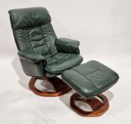 Daneway Stressless style reclining armchair and footstool upholstered in green leather and pvc, each