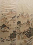 Pair of Chinese watercolour landscapes on silk, framed and glazed, 80cm x 16cm (2)