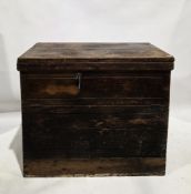 Large 19th century pine box having hinged lid and hinged front panel, iron handles to side, 94cm