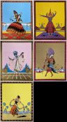 After Emile Gallois (French 1882-1965) Lithograph in colours Five coloured prints of figures dancing