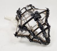 Early 20th century wrought iron and glass panelled pendant light fitting, the frame cast with flower