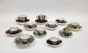 Group of late 19th century Dresden porcelain coloured ground cabinet cups and saucersand German