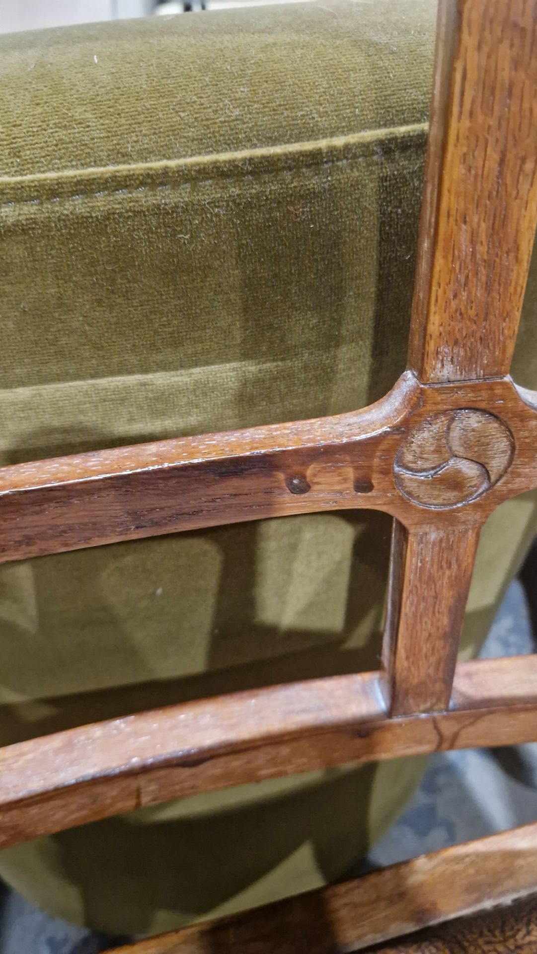 In the manner of the Cotswold School an Arts and Crafts pale oak elbow chair with lattice back, - Image 13 of 14