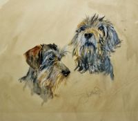Two watercolour and gouache studies of dogs heads, probably wire-haired Dachshunds, indistinctly