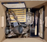 A collection of silver plate including a pair of Sheffield plate candlesticks, 27cm high, a Viners