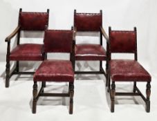 Pair of early 20th century oak carver chairs and two matching dining chairs in the Cromwellian