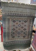Modern Egyptian green ground Gabbeh rug with central lozenge grid, multiple geometric borders, 176cm