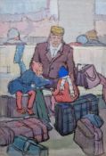 Vera Kubyteva?? (Russian, 20th century) Gouache Man and two children with luggage in station