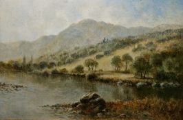 JB (19th/20th century) Oil on board River/lake landscape, initialed JB lower right, framed and