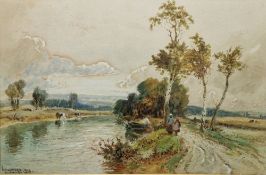 William Manners (1860-1930) Watercolour Rural scene with river and figures on a path, church in