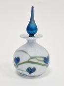 Okra art glass perfume bottle and stopper with iridescent leaf and vine decoration on iridescent