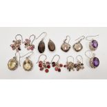 Seven pairs of silver multi-gemstone set earrings including three pairs of grape cluster drop