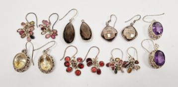 Seven pairs of silver multi-gemstone set earrings including three pairs of grape cluster drop