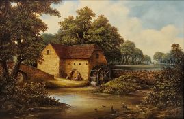 John Heathcote Hunt (20th century) Oil on canvas Rural river scene with two figures outside mill,