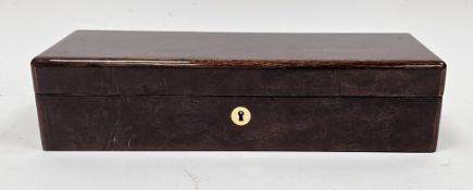 Hillwood of London burr walnut veneered watch box, the hinged lid opening to a grey fabric lined