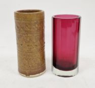 Faceted glass vase by Karel Wunsch for Exbor, in ruby red colourway, acid etched marks to base, 15.