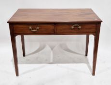19th century mahogany side table having two frieze drawers with brass swan-neck handles, on square
