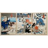 Utagawa Kunisada 'Toyokuni III' (Japanese, 1786-1865) Woodblock print Triptych depicting actors in a
