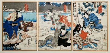 Utagawa Kunisada 'Toyokuni III' (Japanese, 1786-1865) Woodblock print Triptych depicting actors in a