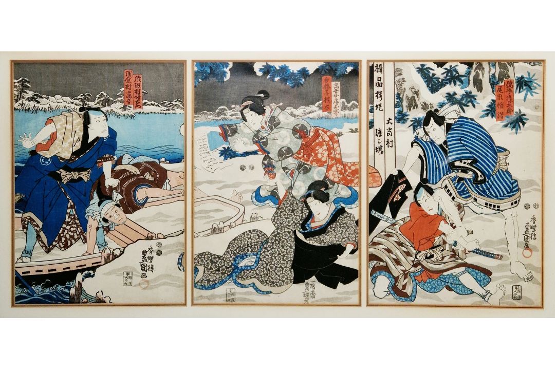 Utagawa Kunisada 'Toyokuni III' (Japanese, 1786-1865) Woodblock print Triptych depicting actors in a - Image 1 of 3