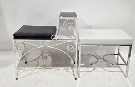 Mid-century wrought iron telephone table with a black glass shelf, black vinyl upholstered seat