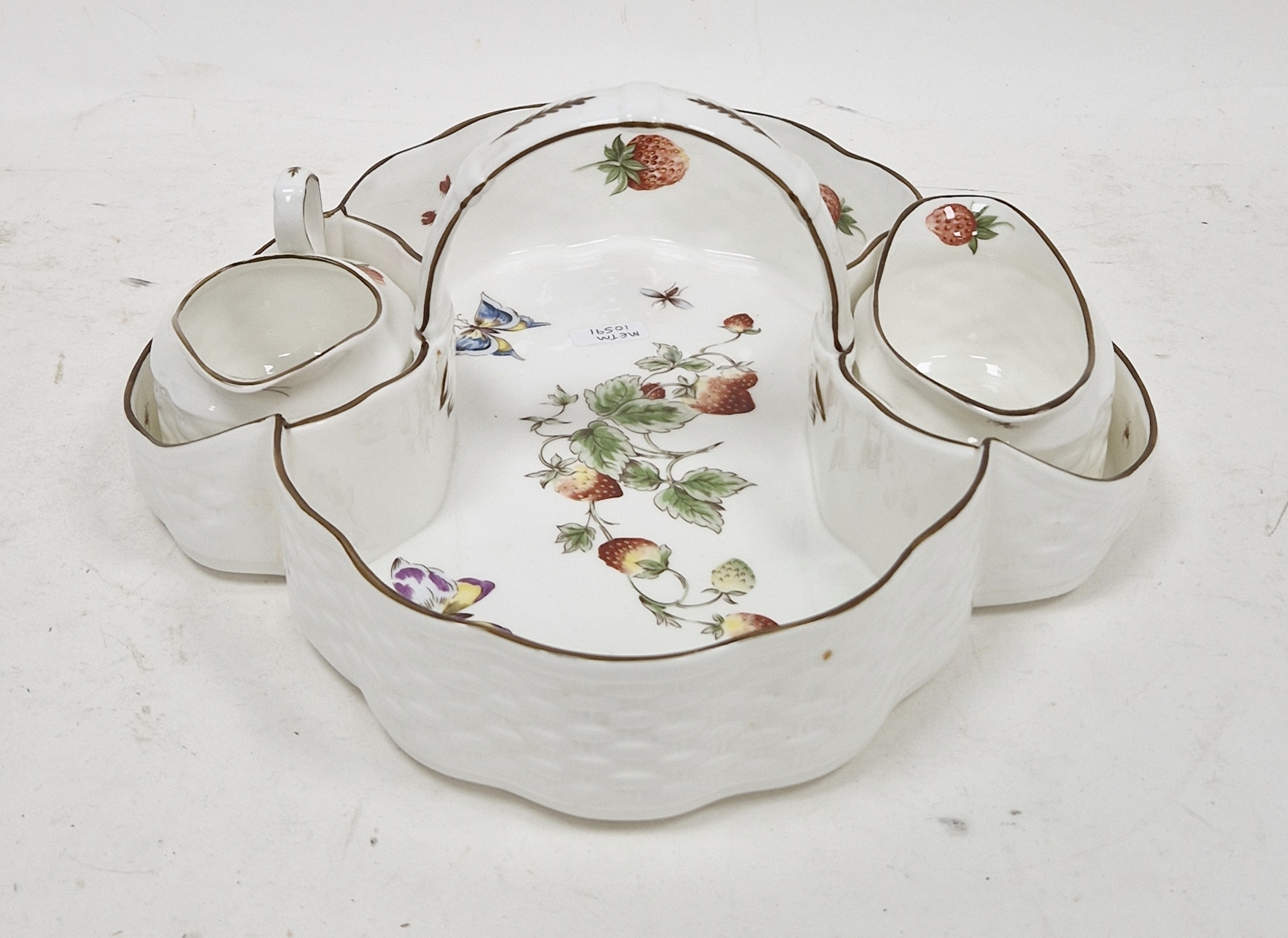 Coalport bone china strawberry serving basket, cream jug sugar bowl, basket moulded printed with