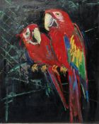 20th century school Acrylic on canvas Study of two parrots in cage, unsigned, framed and glazed,