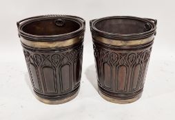 Pair of Irish mahogany and brass peat buckets in the Georgian manner,  the sides with repeating