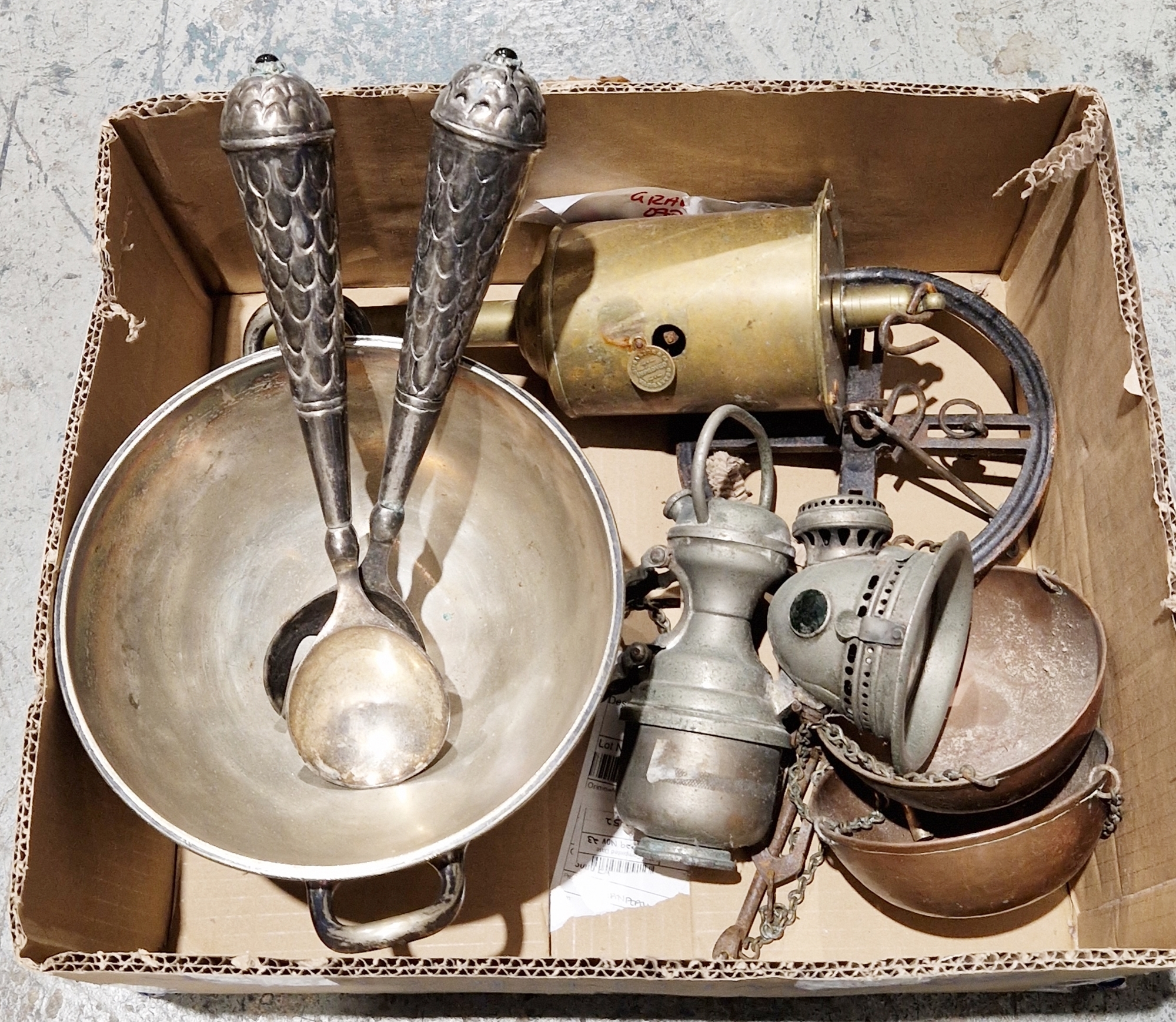 A Powell & Hammer Revenge acetylene motorcycle lamp together with a Victorian Salter & Co. brass