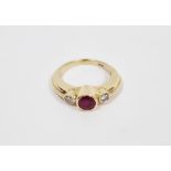 14 ct yellow gold, ruby and diamond ring, stamped 14k, size J, 4.67 grams gross weight