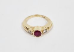 14 ct yellow gold, ruby and diamond ring, stamped 14k, size J, 4.67 grams gross weight