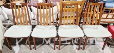 Set of four mid century G Plan Fresco dining chairs with slatted backs and green upholstered