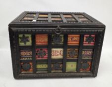 Indian wooden storage box inlaid with different coloured fabrics and metal motifs, 34cm high x