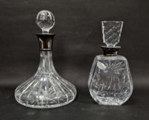 Cut glass ships decanter with silver coller, 28cm high, together with another cut glass, silver