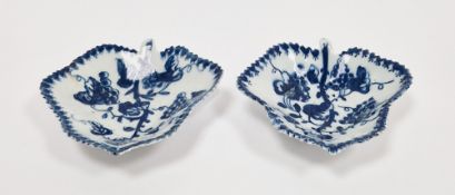 Two Lowestoft porcelain blue and white leaf-shaped pickle dishes, circa 1765, painted numerals, each