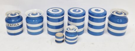 Group of TG Green Cornishware storage jars and covers in sizes, printed green marks, mid-20th