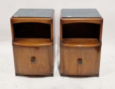 Pair of 1930's walnut veneer bow front bedside cabinet, each with marble effect tops over an open