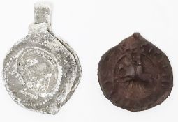 Medieval lead cloth bag seal and an early wax armorial seal, with manuscript note verso stating that
