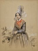 19th century school Pastel on paper Young woman wearing Breton attire of blue dress and tall