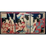 Chikashige Morikawa (Active 1869-1880s) Oban tryptic woodblock print Chapter VI from the Kabuki