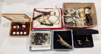 Collection of costume jewellery and watches including cased mother of pearl stud and cufflink set,