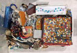 Collection of costume jewellery and watches including beaded necklaces and bracelets, clip-on