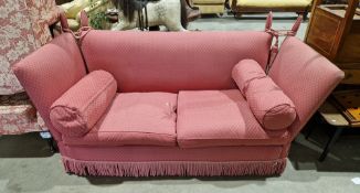 Knoll-type sofa upholstered in a pink fabric with lattice design, two drop ends, two seat cushions
