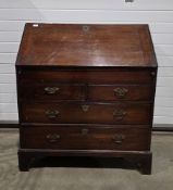 George III mahogany bureau, the sloping drop front opening to an interior fitted with pigeonholes