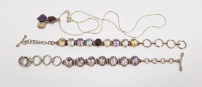 Silver multi-gemstone set bracelet comprising a row of nine faceted bezel set oval stones