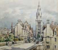 Wilfrid Rene Wood (British, 1888-1976) Watercolour Street scene with view of St Mary's Church,