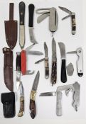 Collection of approx 17 penknives including horn cased, wooden cased and Wilkinson Sword, two