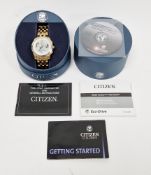 Citizen Eco-Drive chronograph watch, W.R. 10 Bar, gold tone case and bracelet strap, serial no.