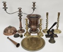 Mixed lot of metalware including two pairs of brass candlesticks, a copper and nickel hunting